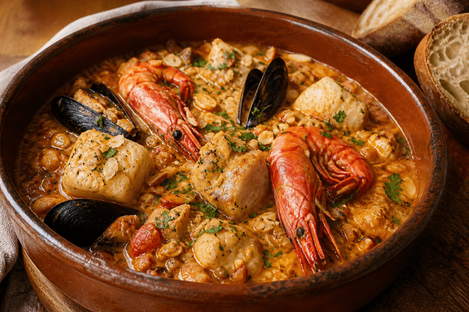 Catalan suquet de peix with monkfish, prawns, mussels, and saffron broth