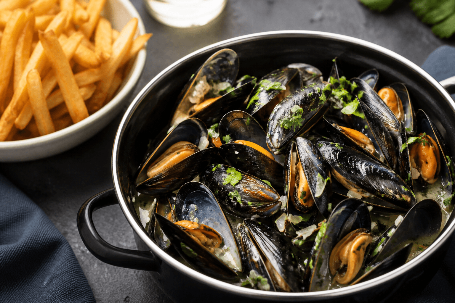 French moules marinière in white wine broth with parsley and bread