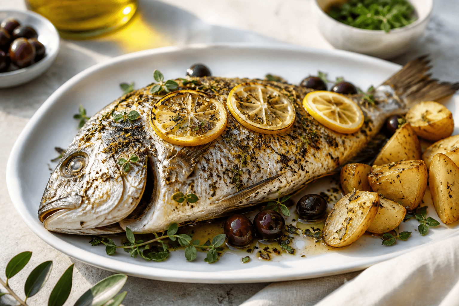 Whole roasted Greek sea bream with lemon, oregano, olives, and potatoes