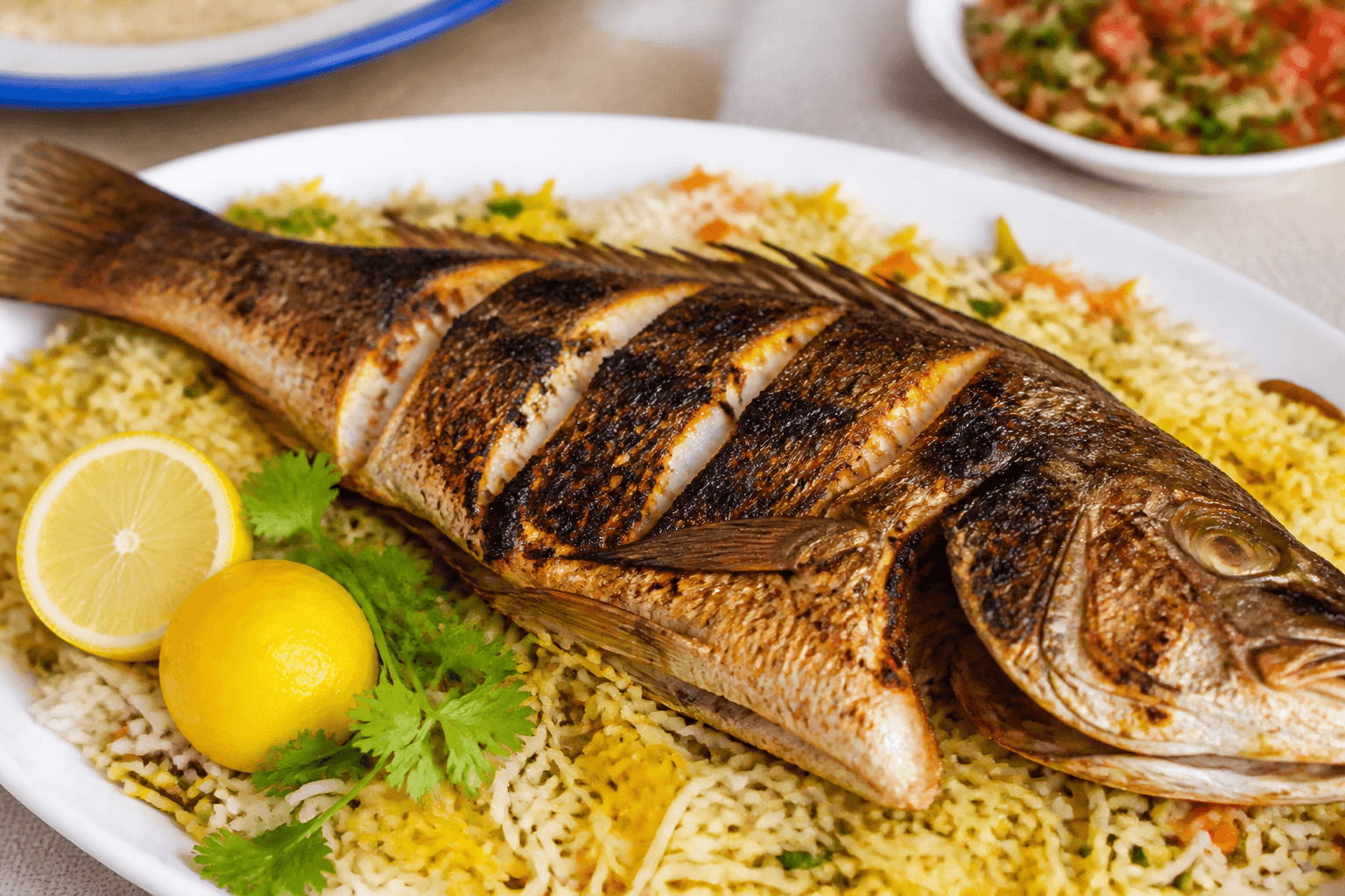Whole Gulf grilled hammour grouper with lemon and spices