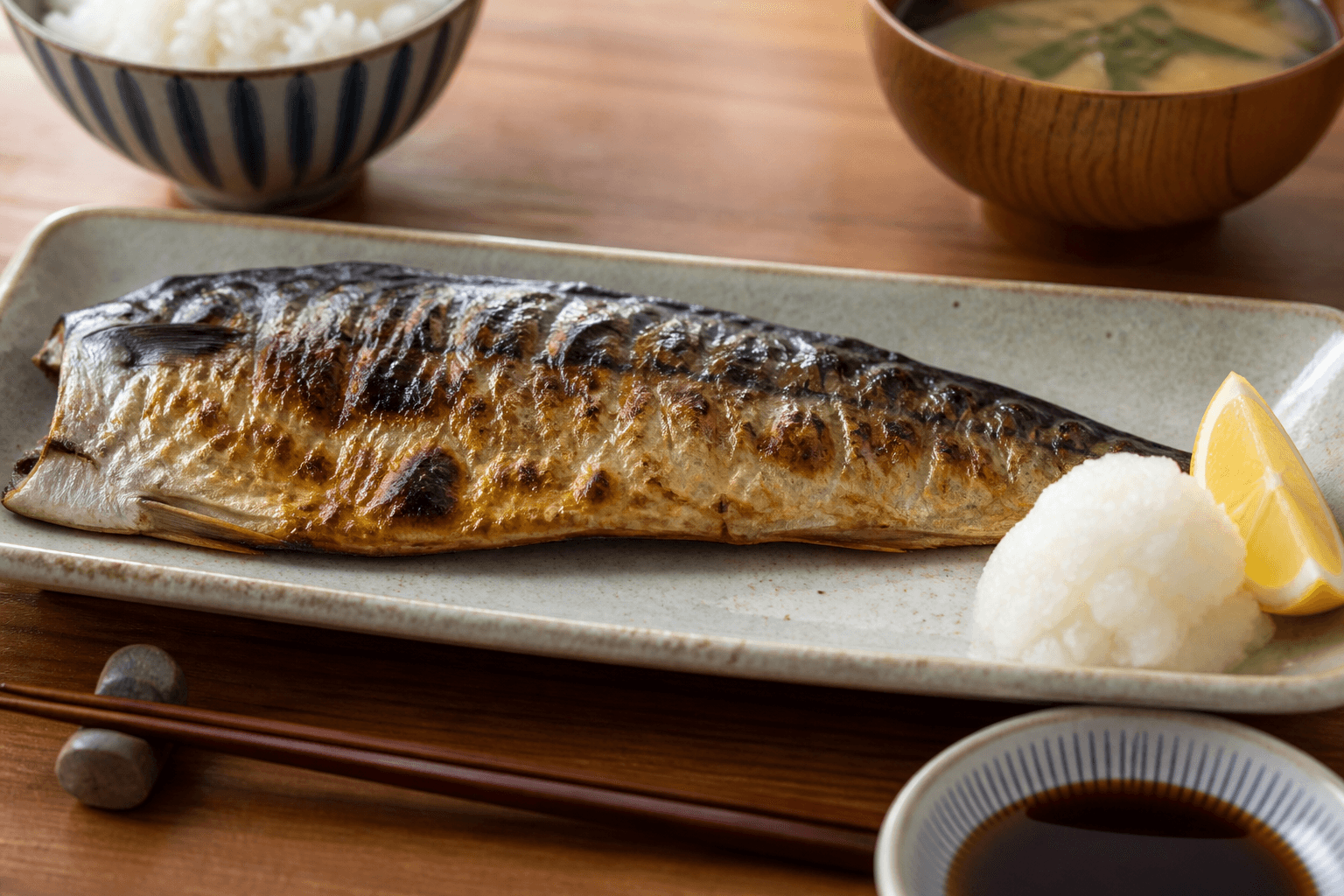 Salt-grilled Japanese mackerel with grated daikon and lemon