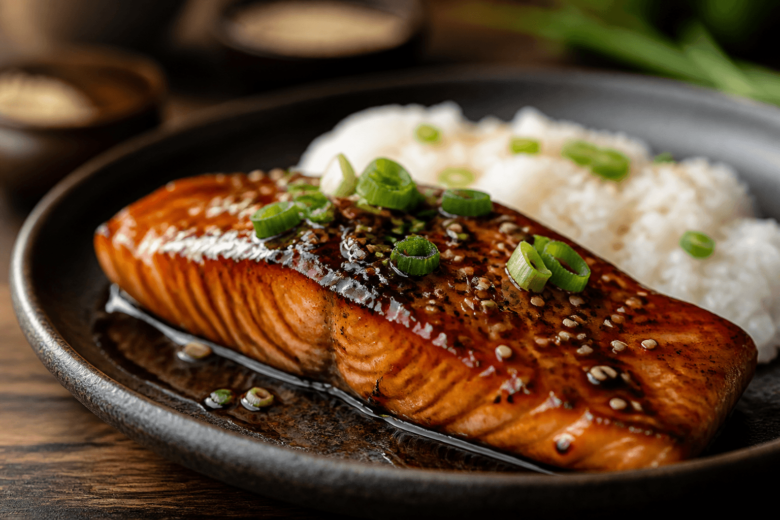 Japanese salmon teriyaki with glossy glaze, sesame, and spring onion