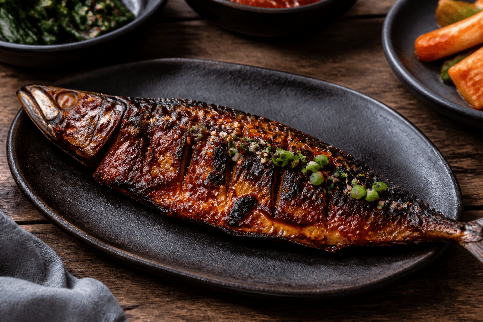 Korean gochujang grilled mackerel with sesame and spring onion