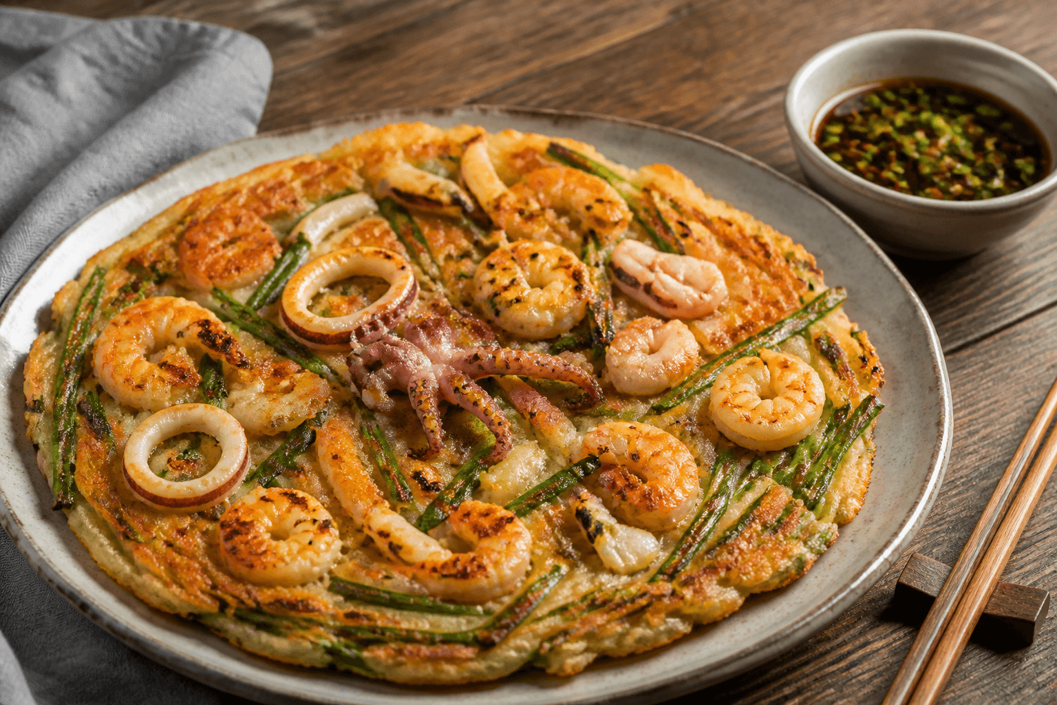 Crispy Korean haemul pajeon seafood scallion pancake with dipping sauce