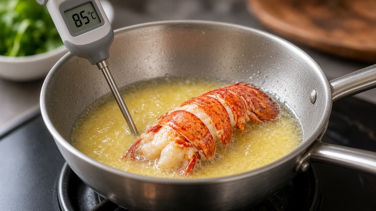 Lobster tails poaching in clarified butter with thermometer