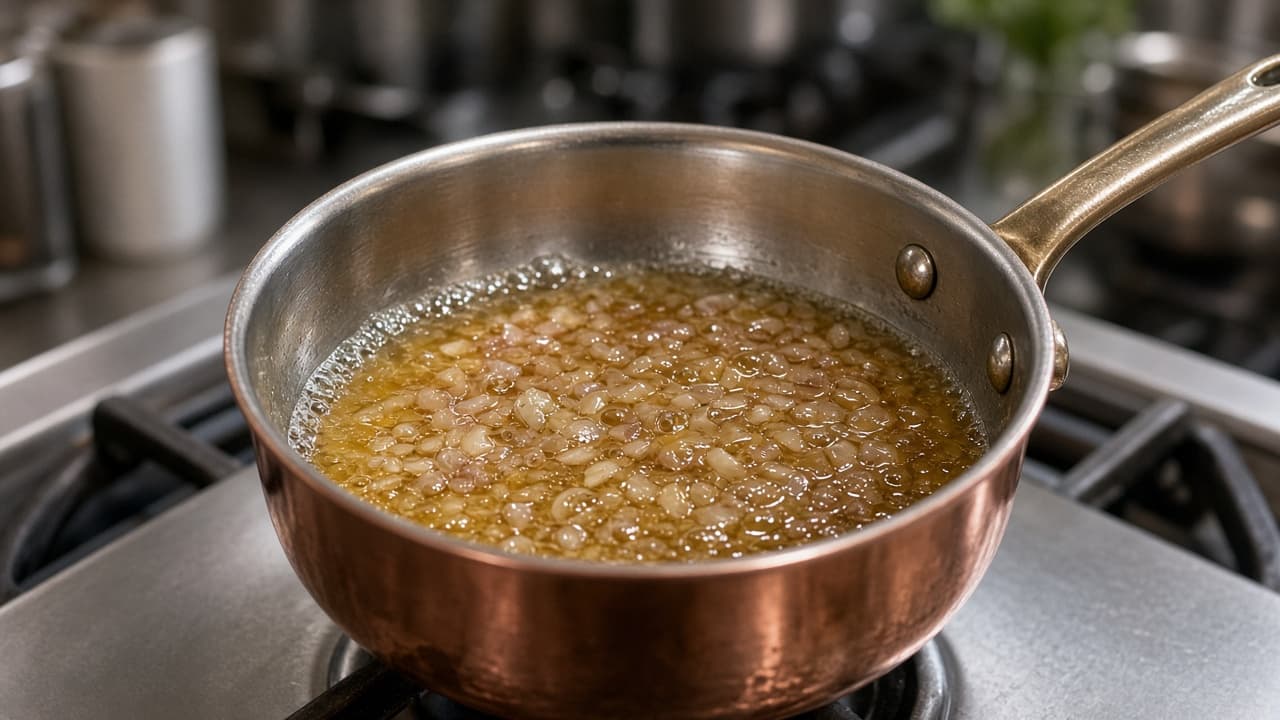 Champagne and shallot reduction in a copper saucier