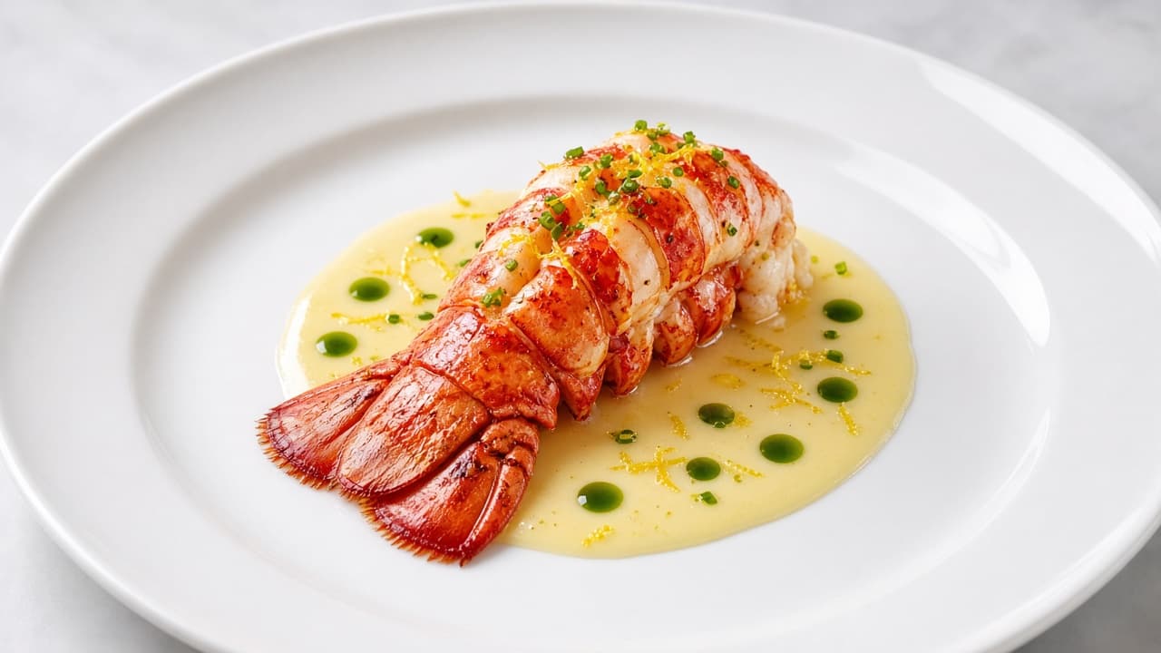 Plated butter-poached lobster tail with Champagne beurre blanc