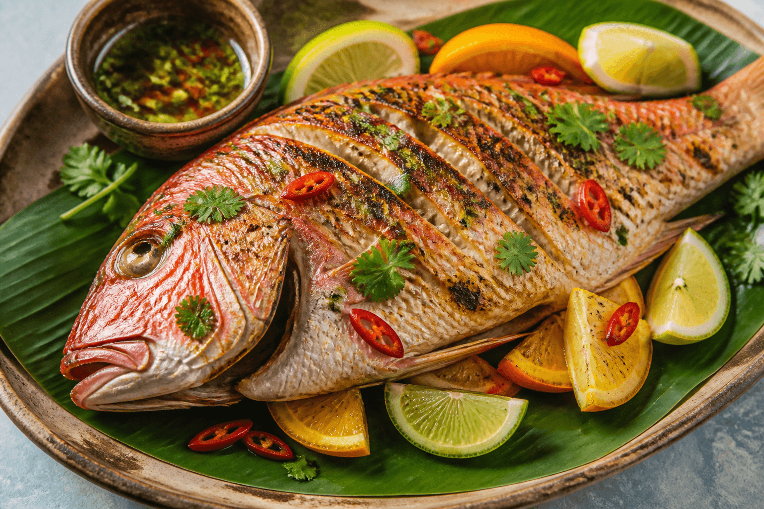 Whole Mexican grilled red snapper with citrus, chilli, and cilantro