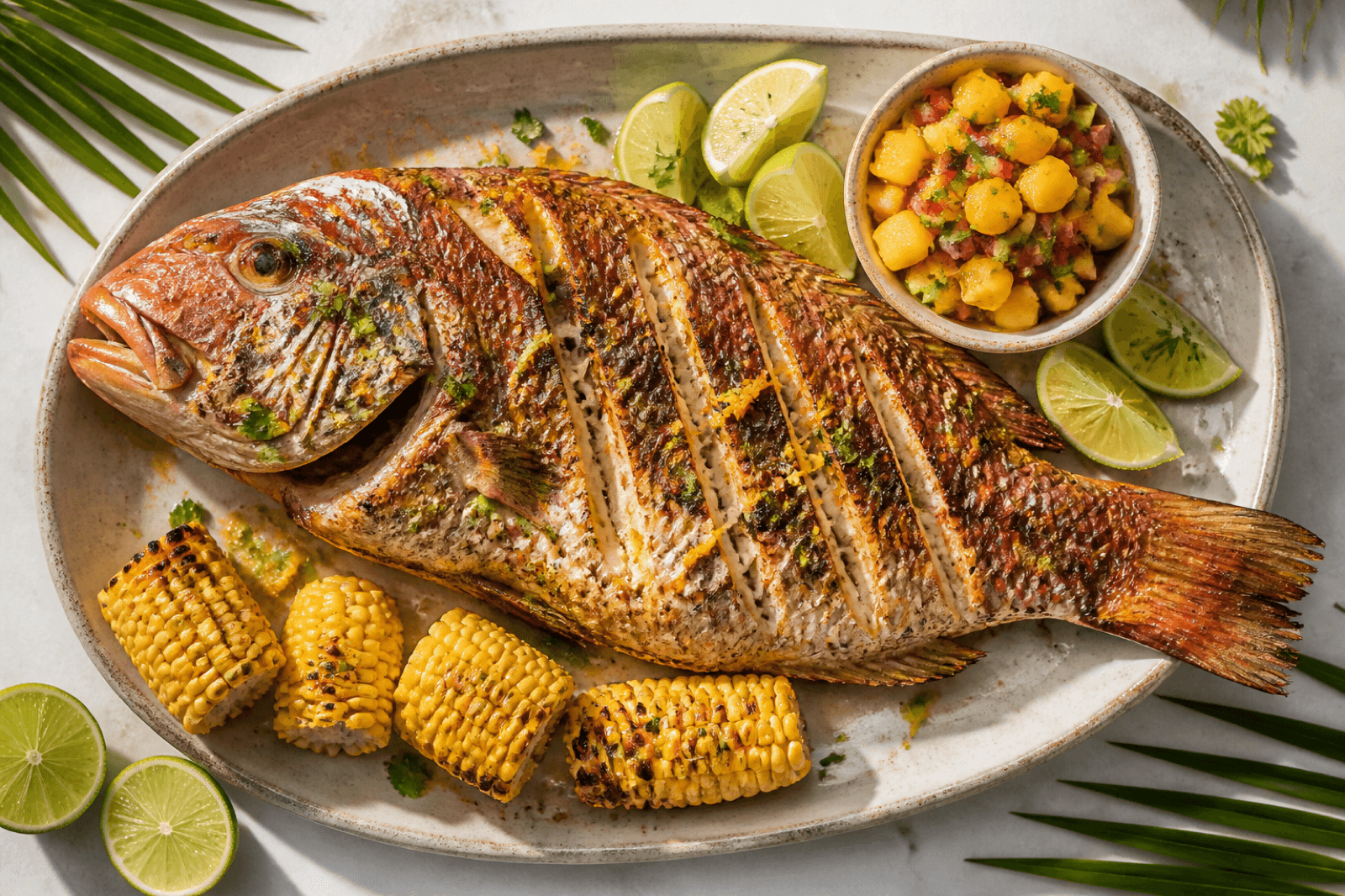 Whole Florida red snapper grilled with lime, garlic, chilli, and cilantro