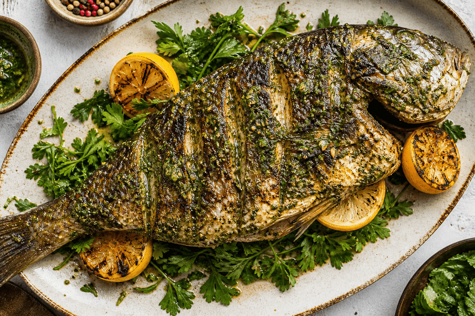 Whole Moroccan chermoula grilled fish with herbs, lemon, and spices