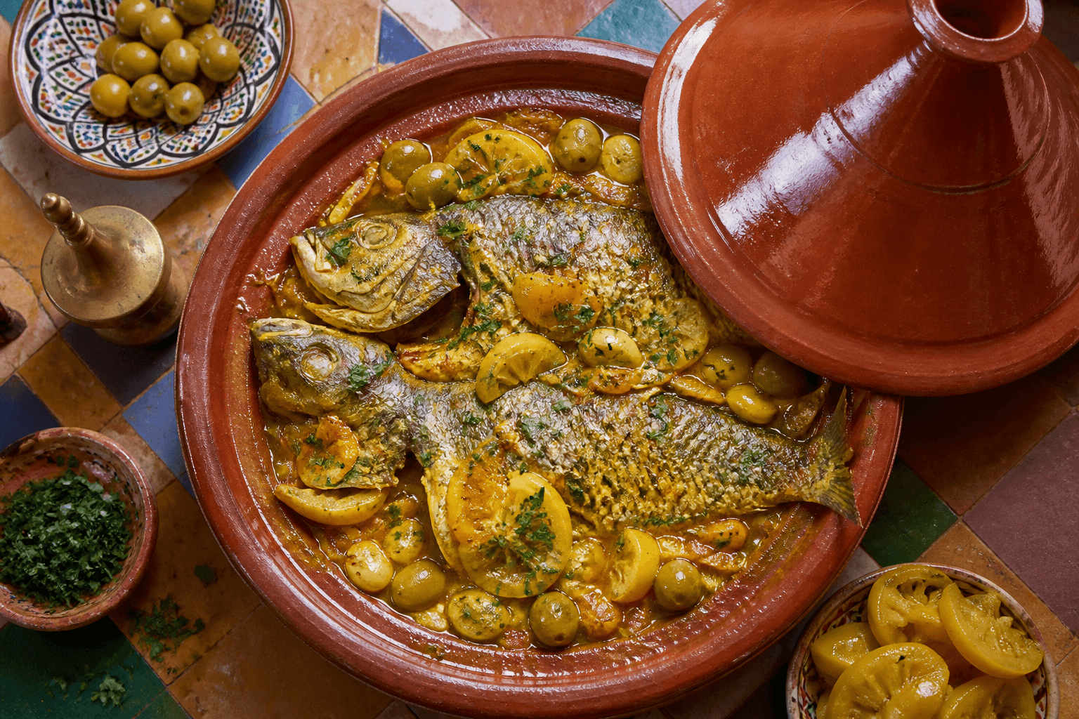 Moroccan fish tajine with preserved lemon, olives, and saffron broth