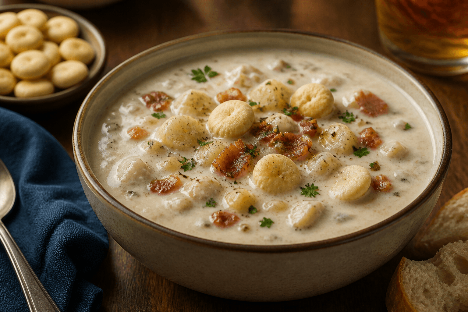 Bowl of creamy New England clam chowder with oyster crackers