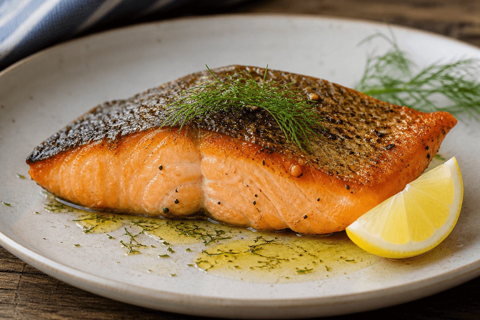 Pan-seared salmon fillet with crispy skin, lemon, and dill