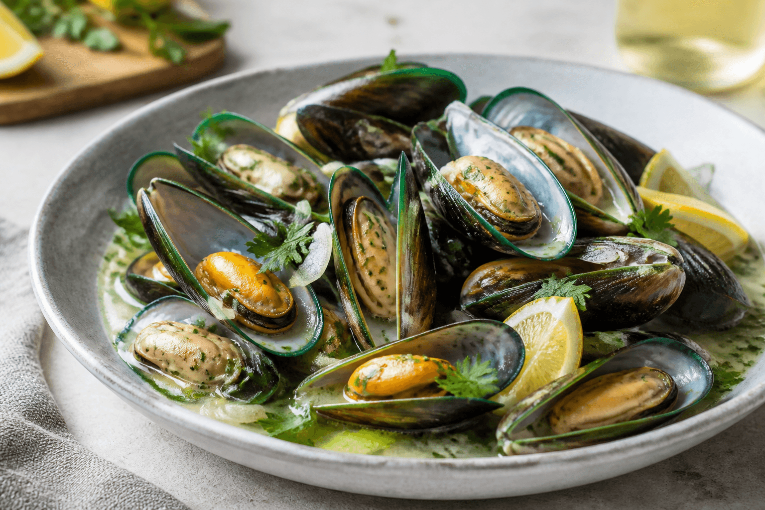 Bowl of New Zealand green-lipped mussels steamed with wine and herbs