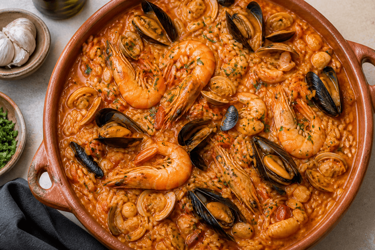 Portuguese arroz de marisco with prawns, mussels, and clams in a clay pan