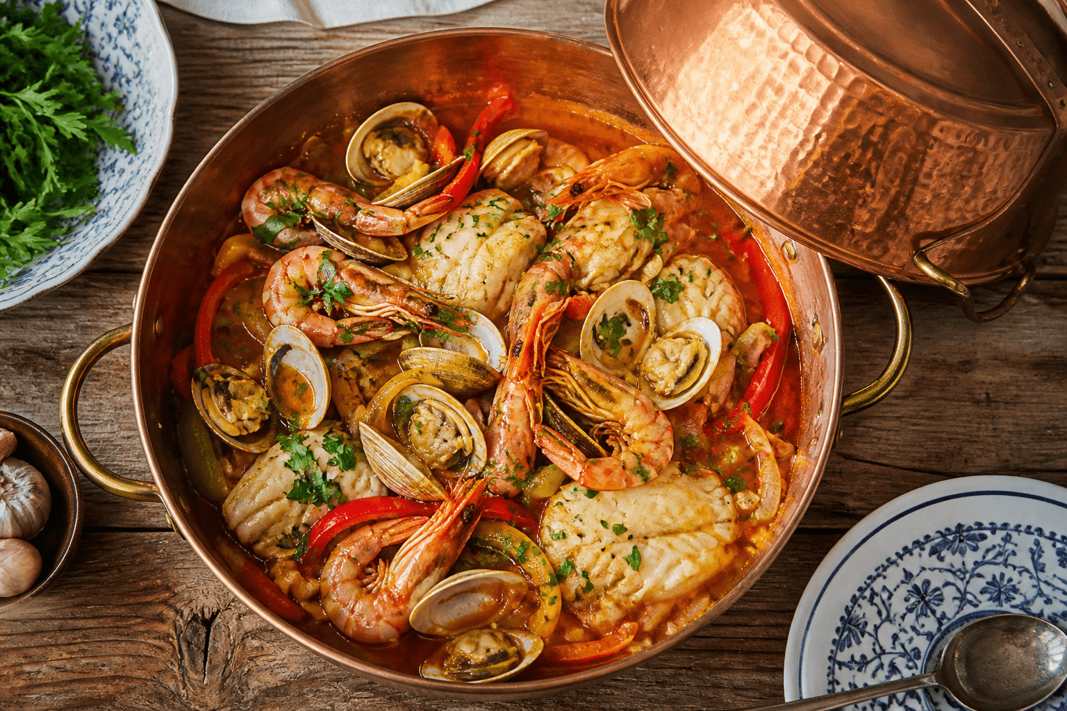 Portuguese seafood cataplana with clams, prawns, and white fish in tomato broth