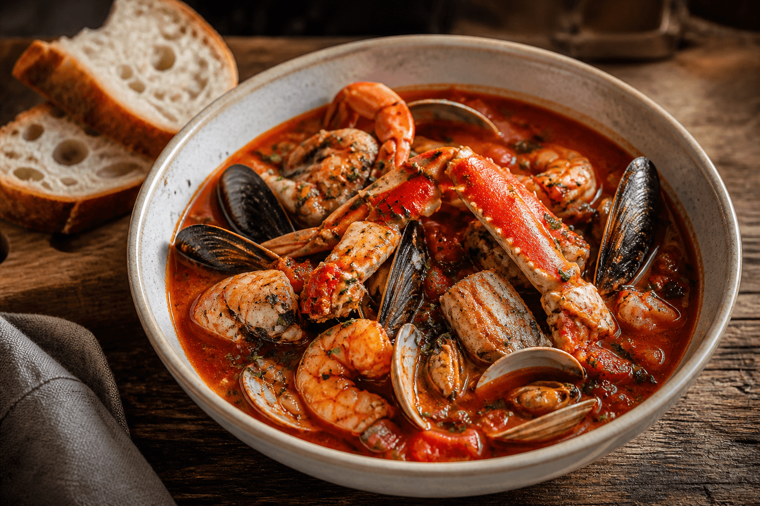 Bowl of San Francisco cioppino with mussels, prawns, and crab in tomato broth