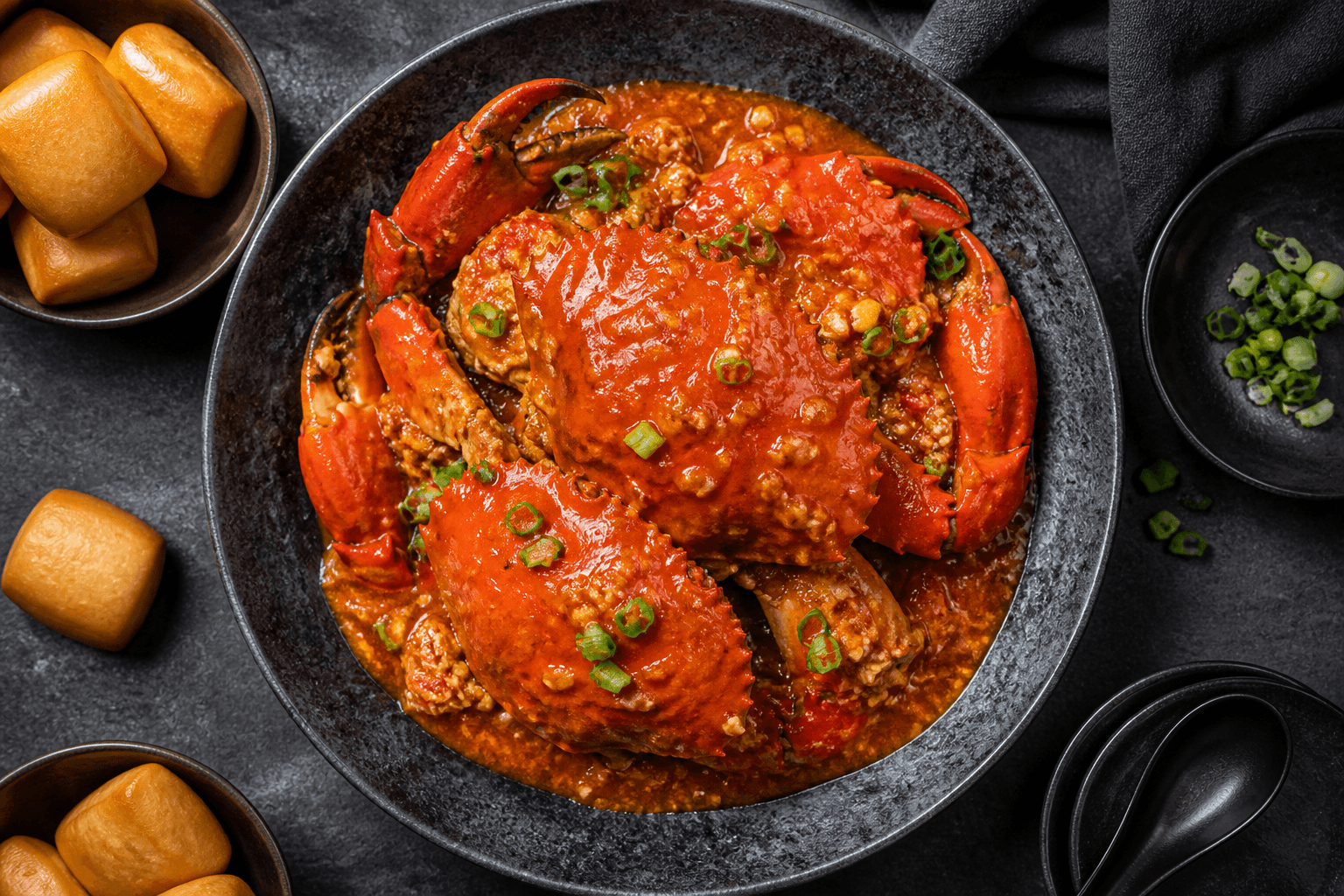 Glossy Singapore chilli crab with fried mantou buns