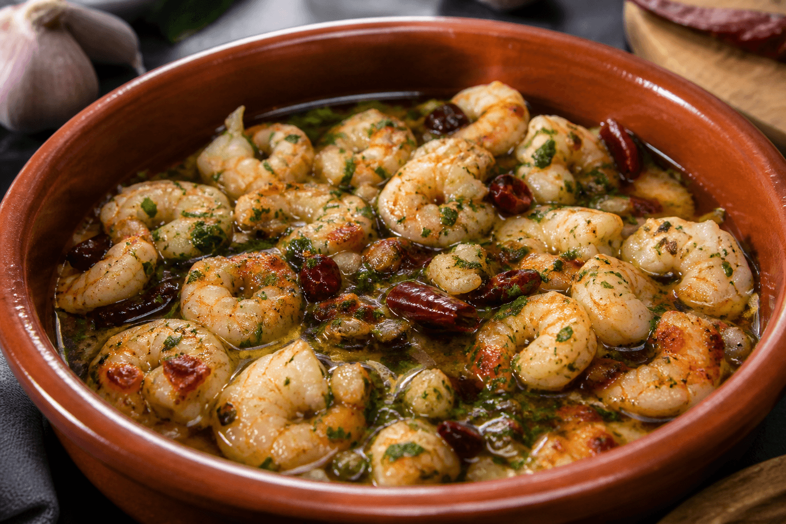 Spanish gambas al ajillo sizzling in olive oil with garlic and chilli