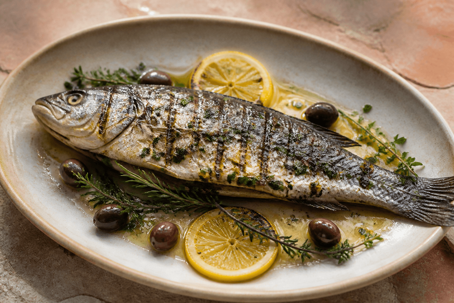Whole Spanish grilled sea bass with lemon, garlic, and olive oil