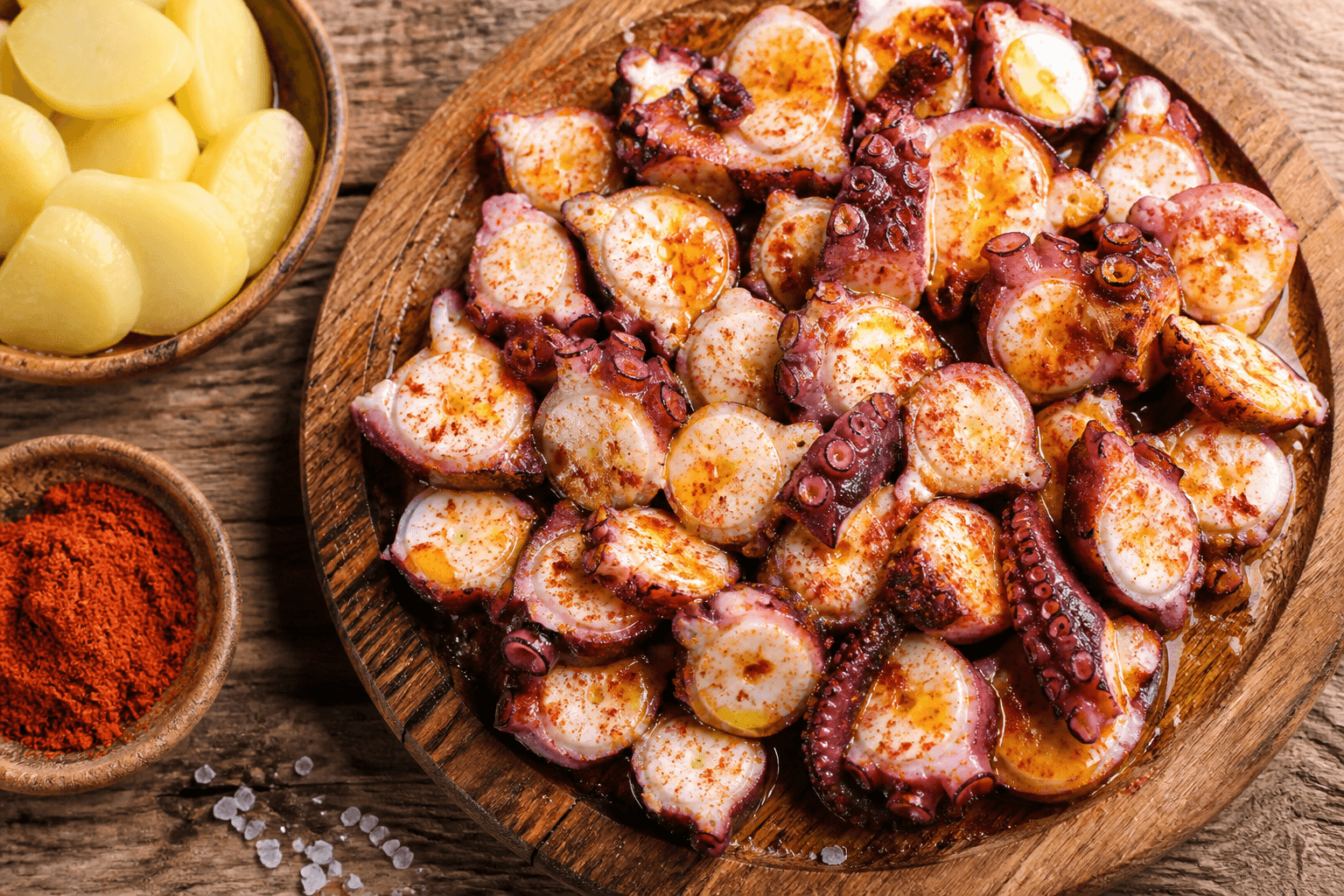 Sliced Galician octopus with paprika, olive oil, and potatoes