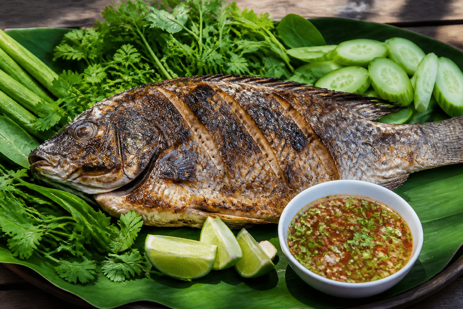 Whole grilled fish with Thai chili-lime nam jim and herbs