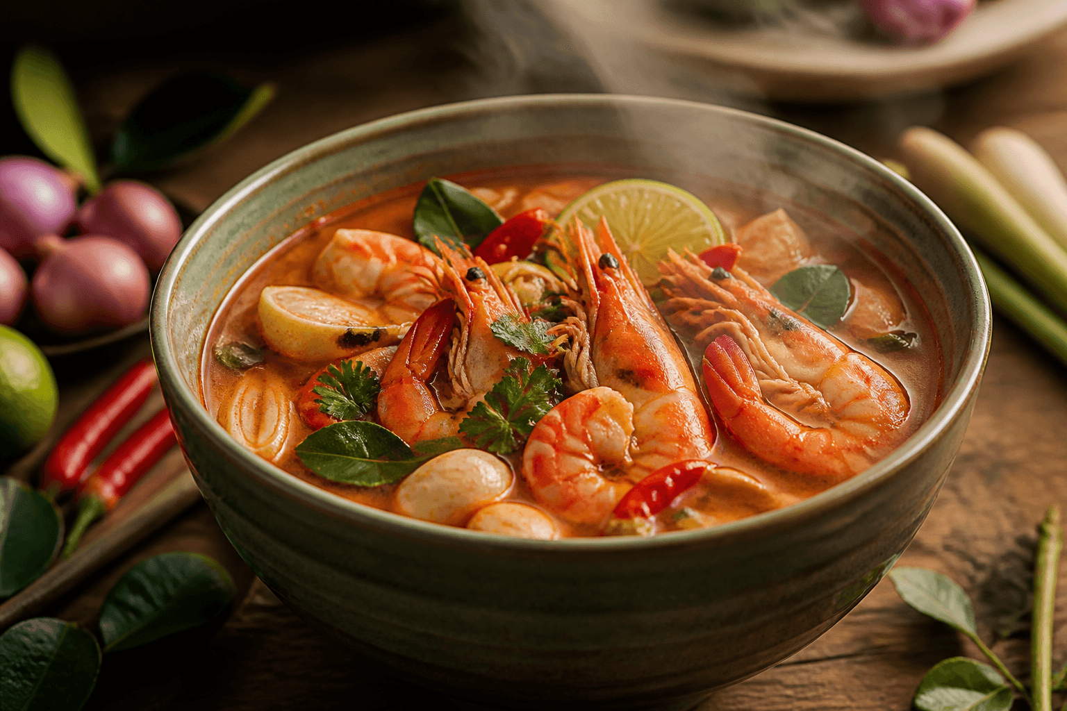 Thai tom yum prawn soup with lemongrass, lime, and chilli