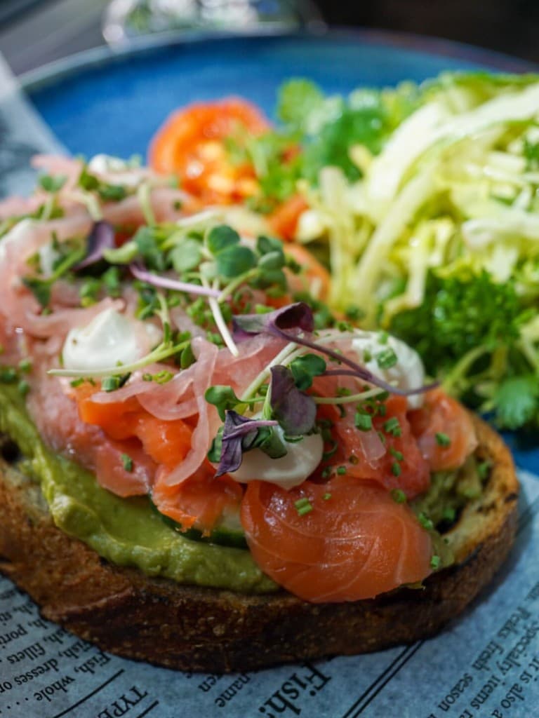 Salmon and avocado toast at weekend brunch