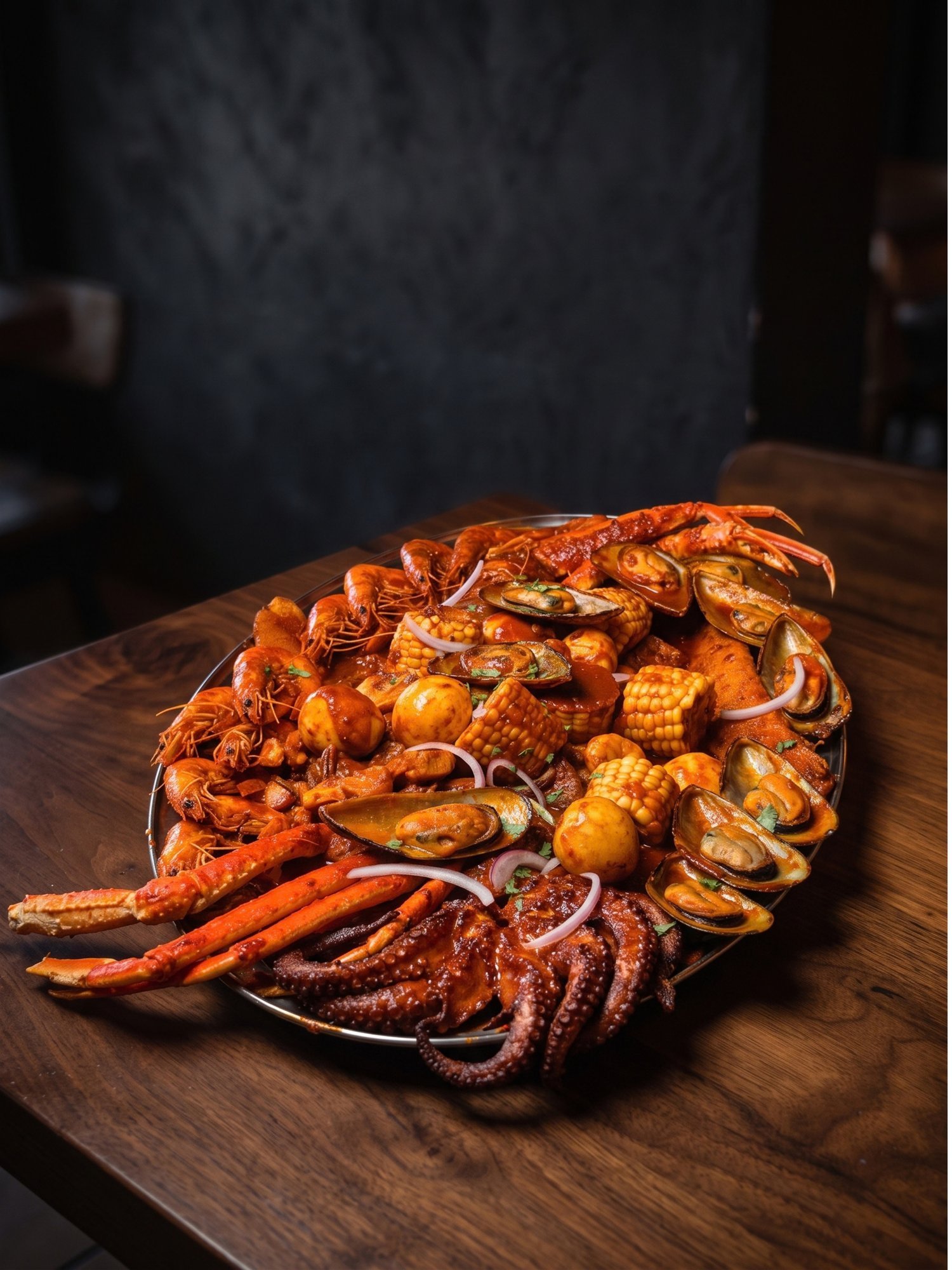 Seafood boil tray: crab legs, crawfish, shrimp, mussels, octopus, corn