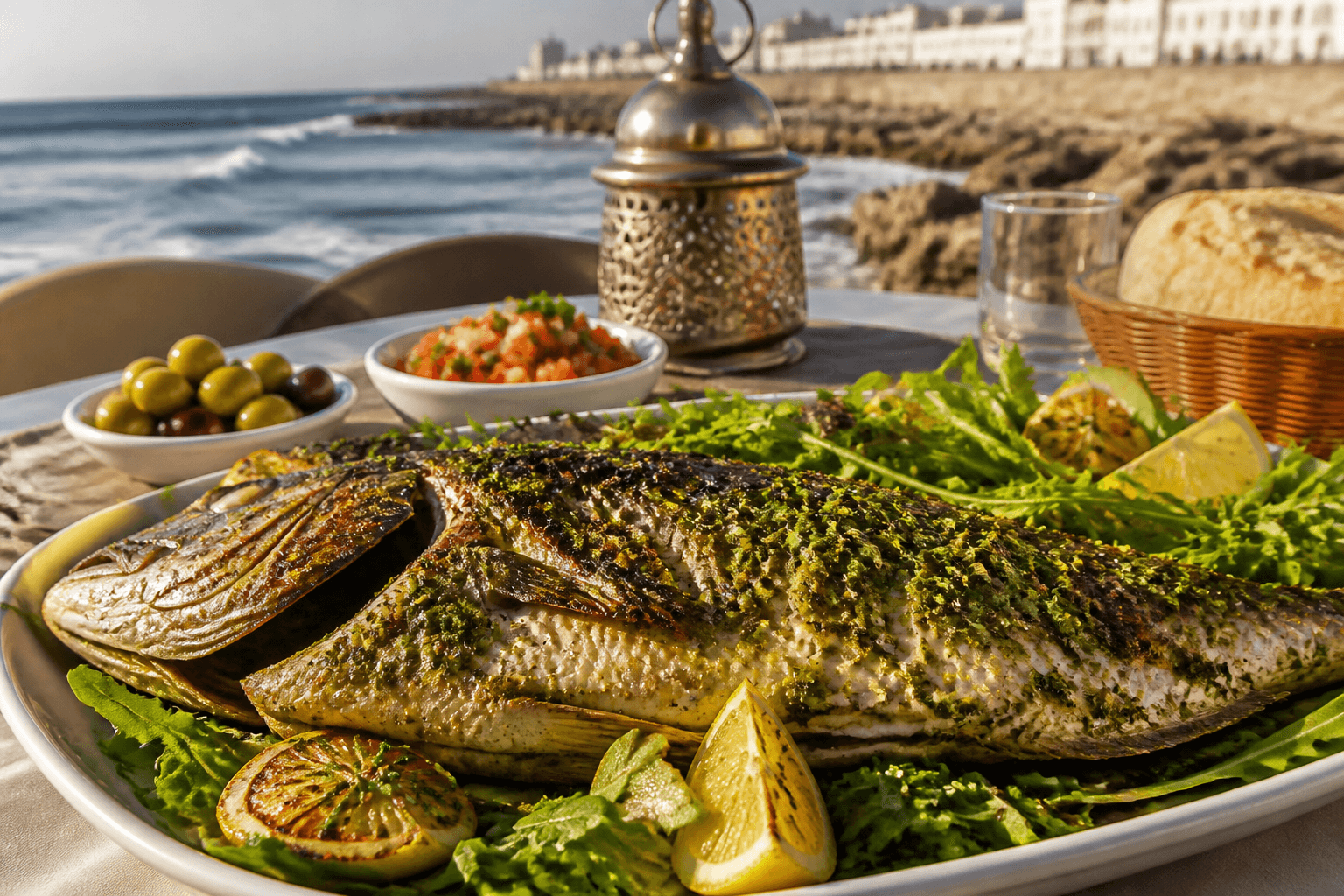 Moroccan grilled fish with chermoula on corniche