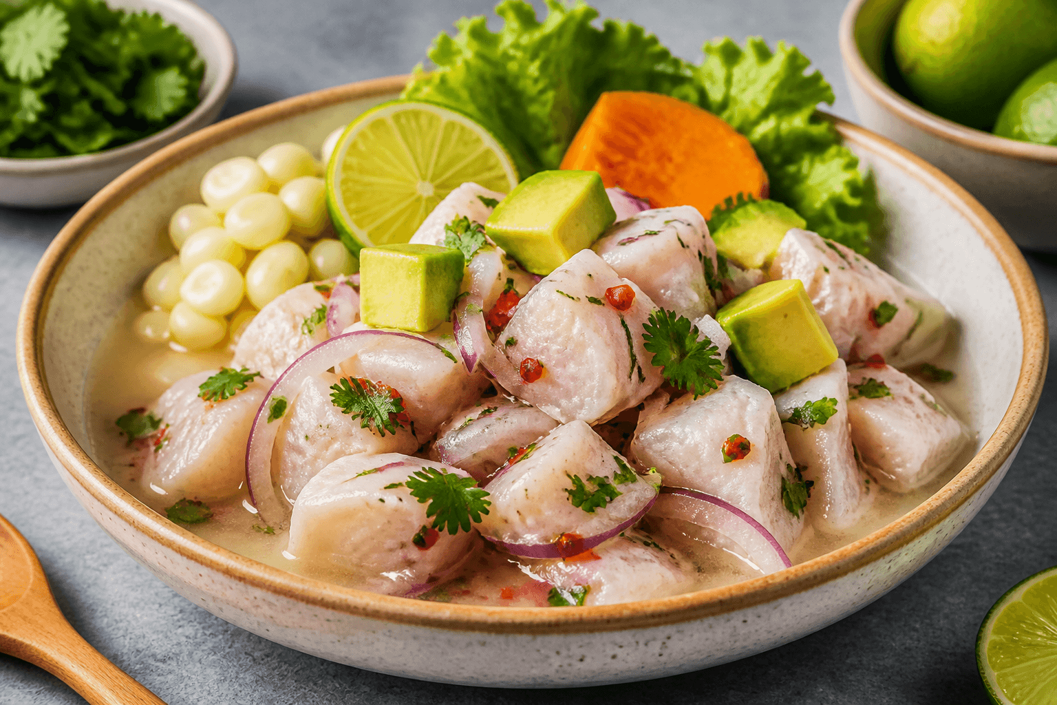 Fresh ceviche with lime, cilantro, and red onion
