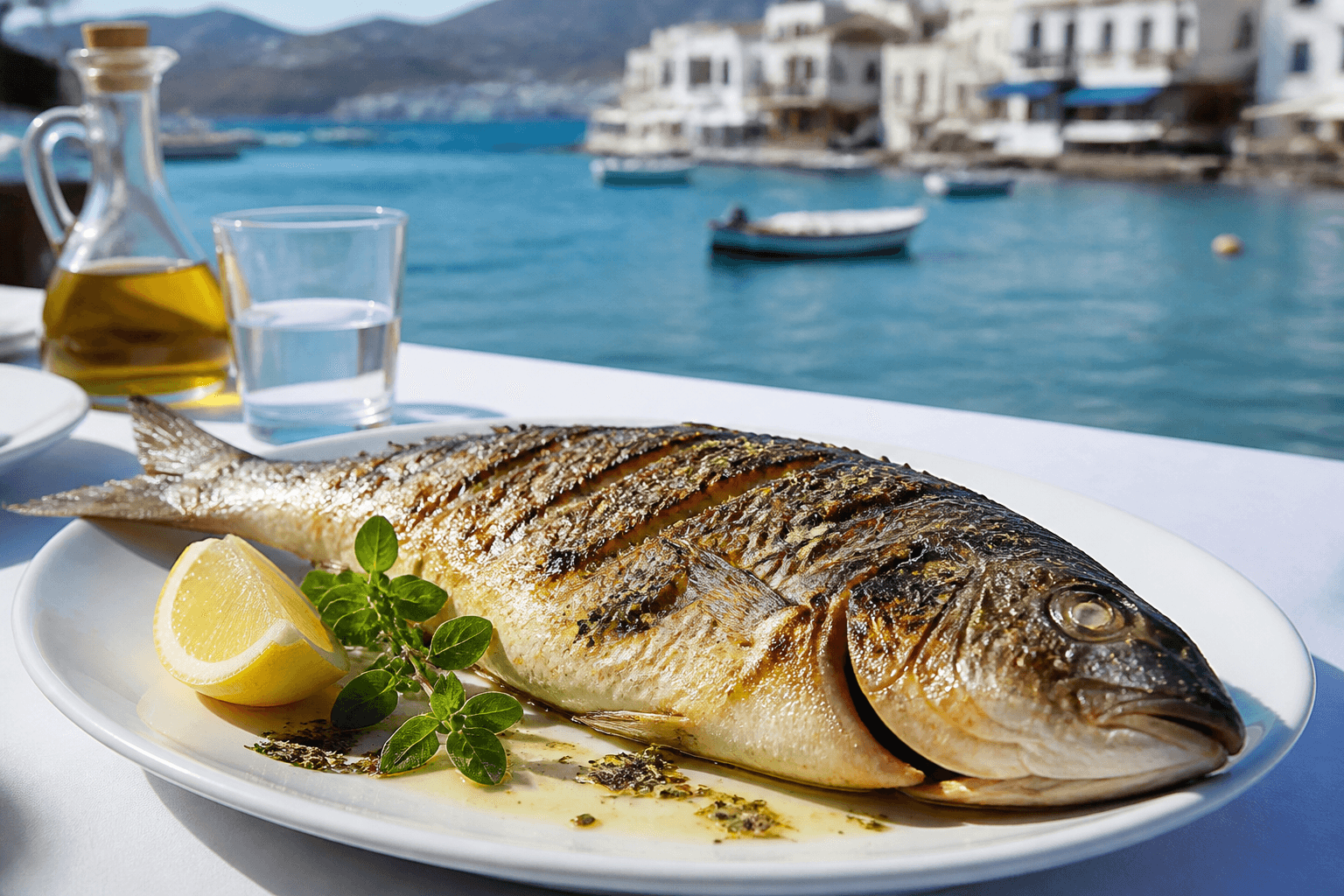 Harbour-side taverna with grilled fish and sea view