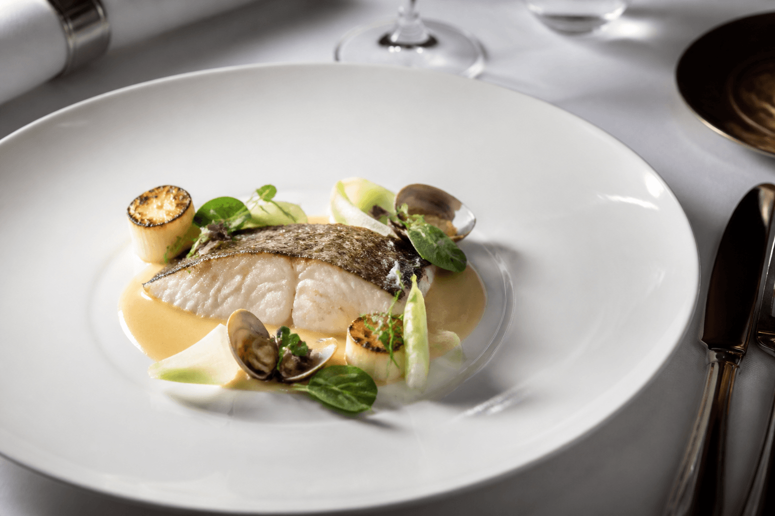 Elegant fine dining seafood plate with sauce