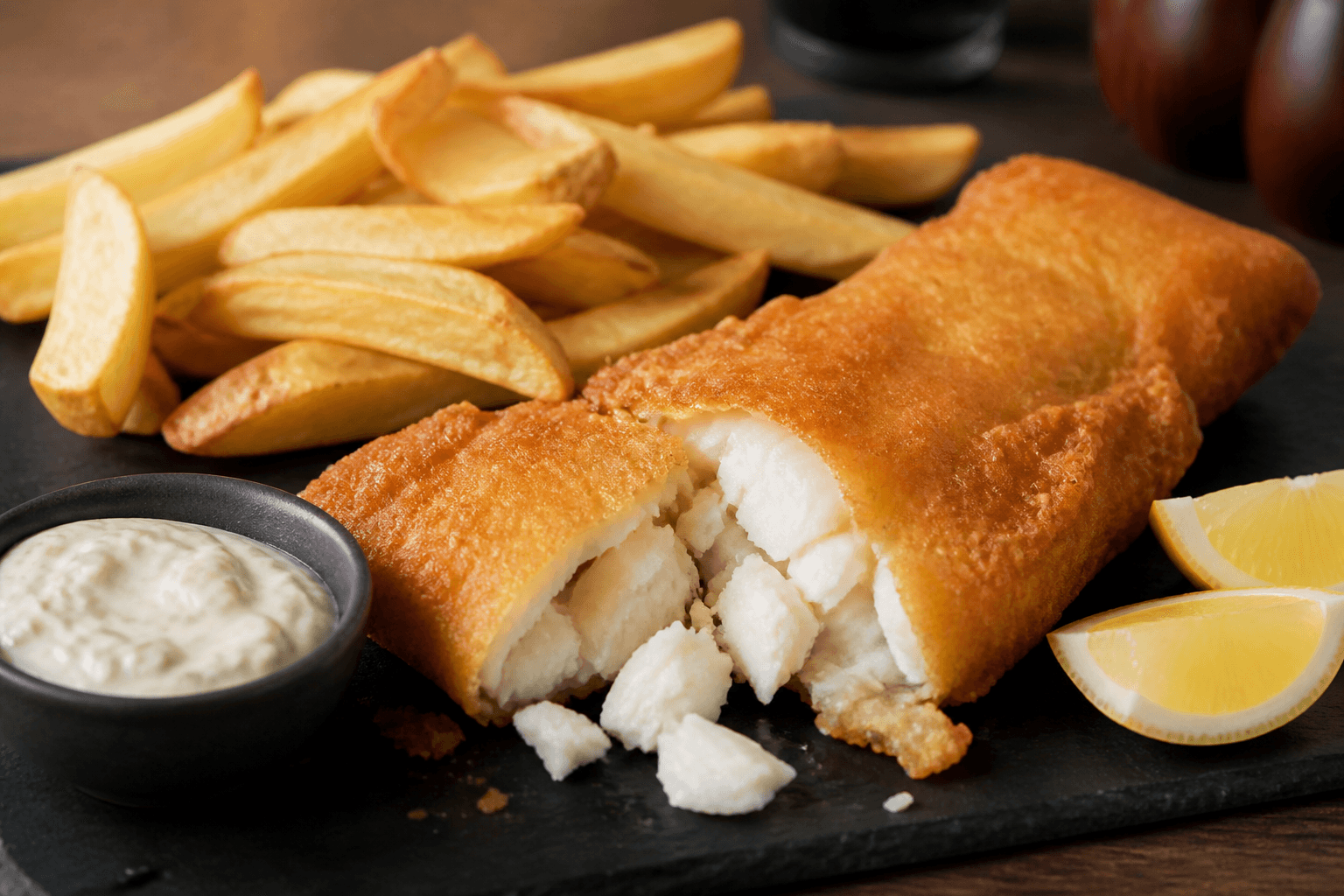 Classic fish and chips with mushy peas