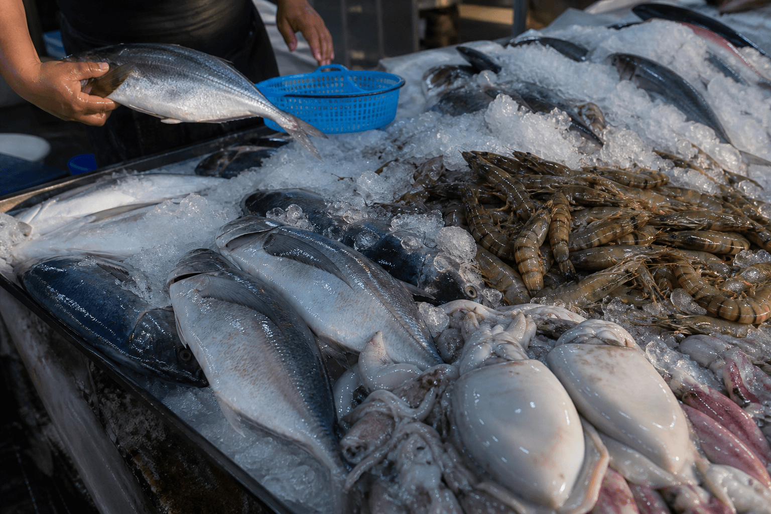 Busy fish market counter with fresh catch on ice