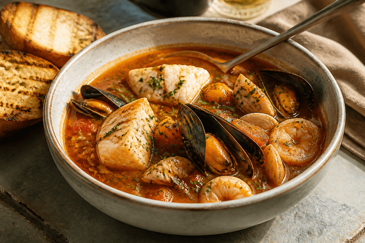 Rustic fish soup with bread and herbs