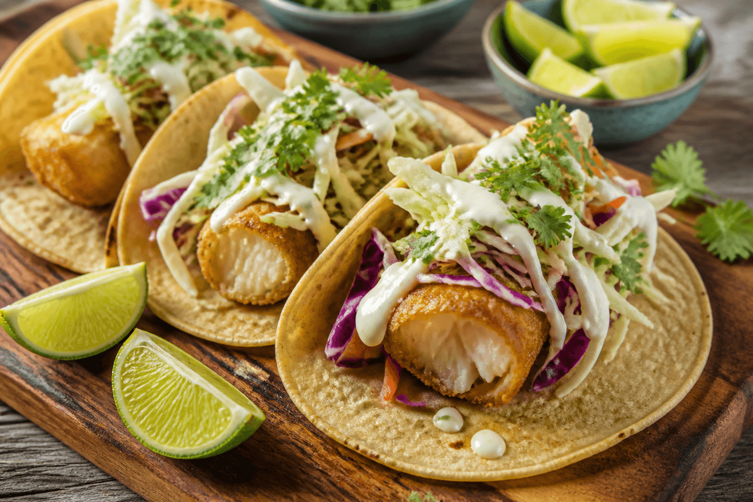 Baja fish tacos with cabbage slaw and lime