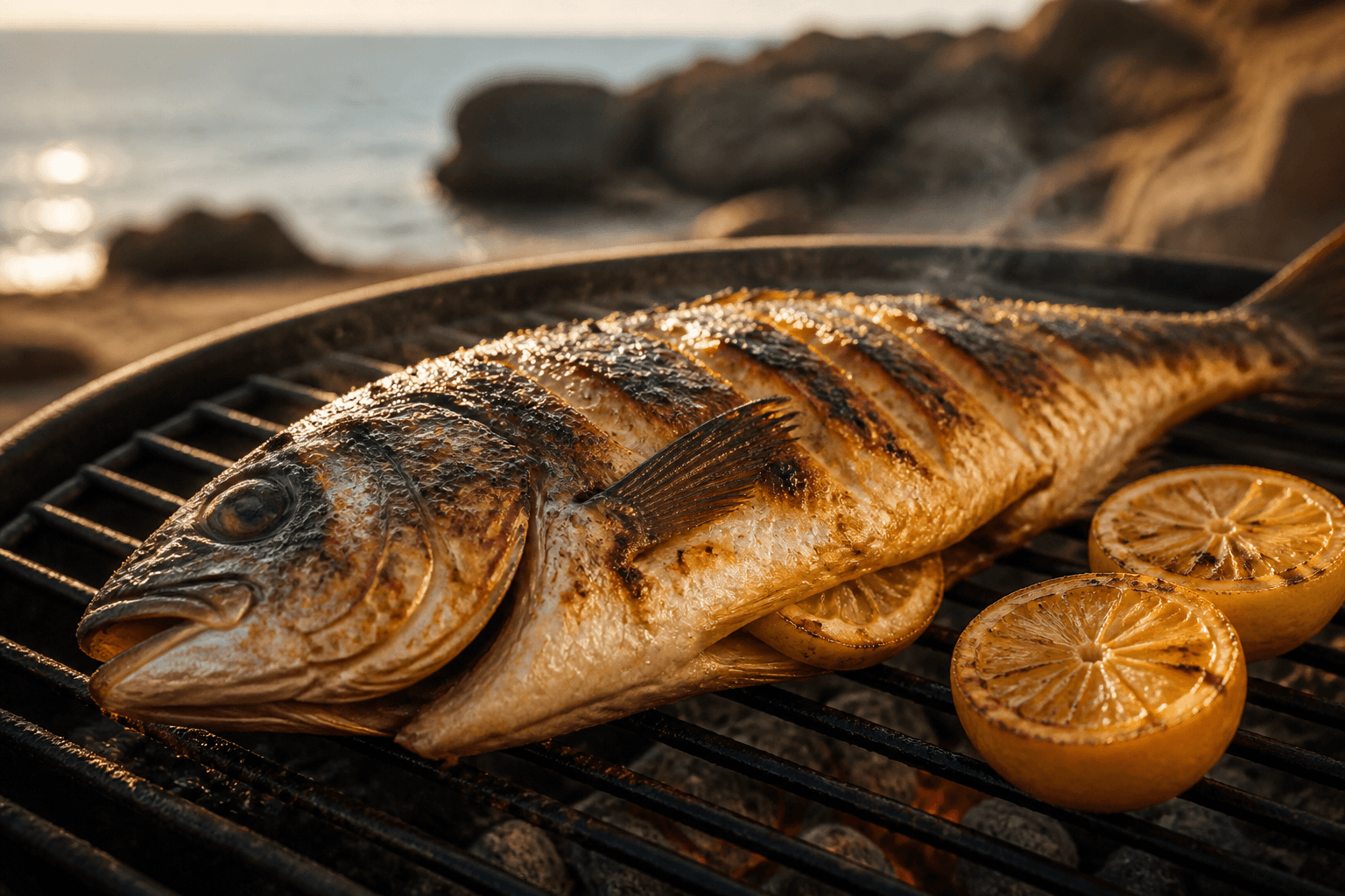 Whole grilled fish on charcoal with lemon and herbs