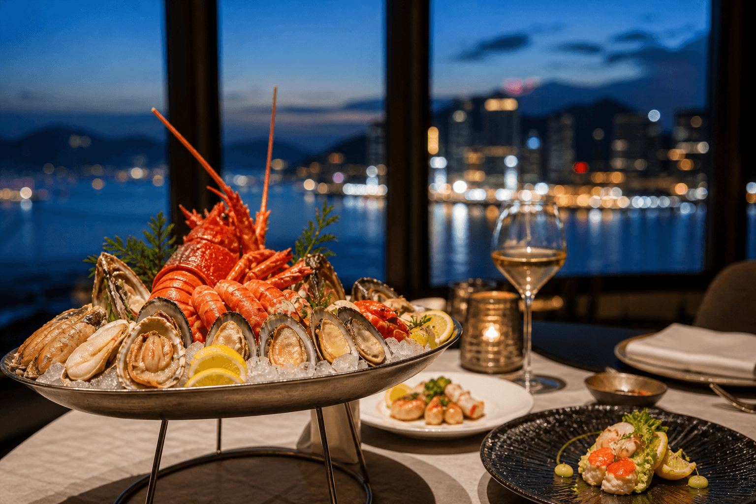 Luxury hotel seafood restaurant with harbour view
