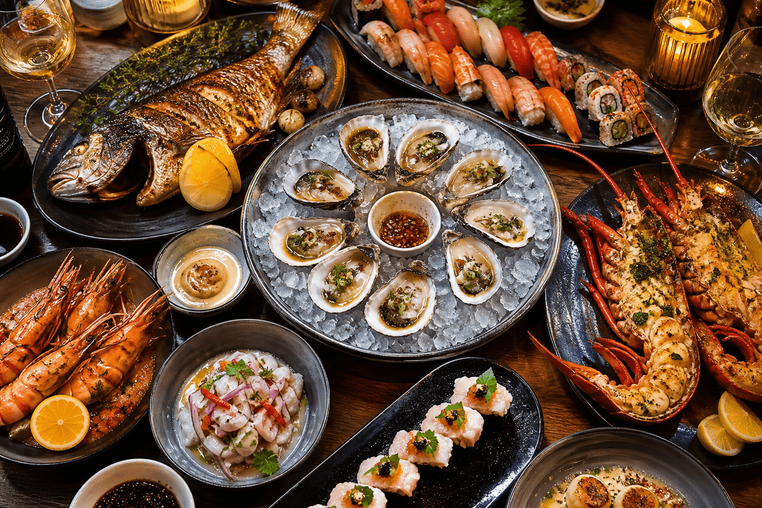 Seafood restaurant categories worldwide — grilled fish, sushi, oyster bars, and more