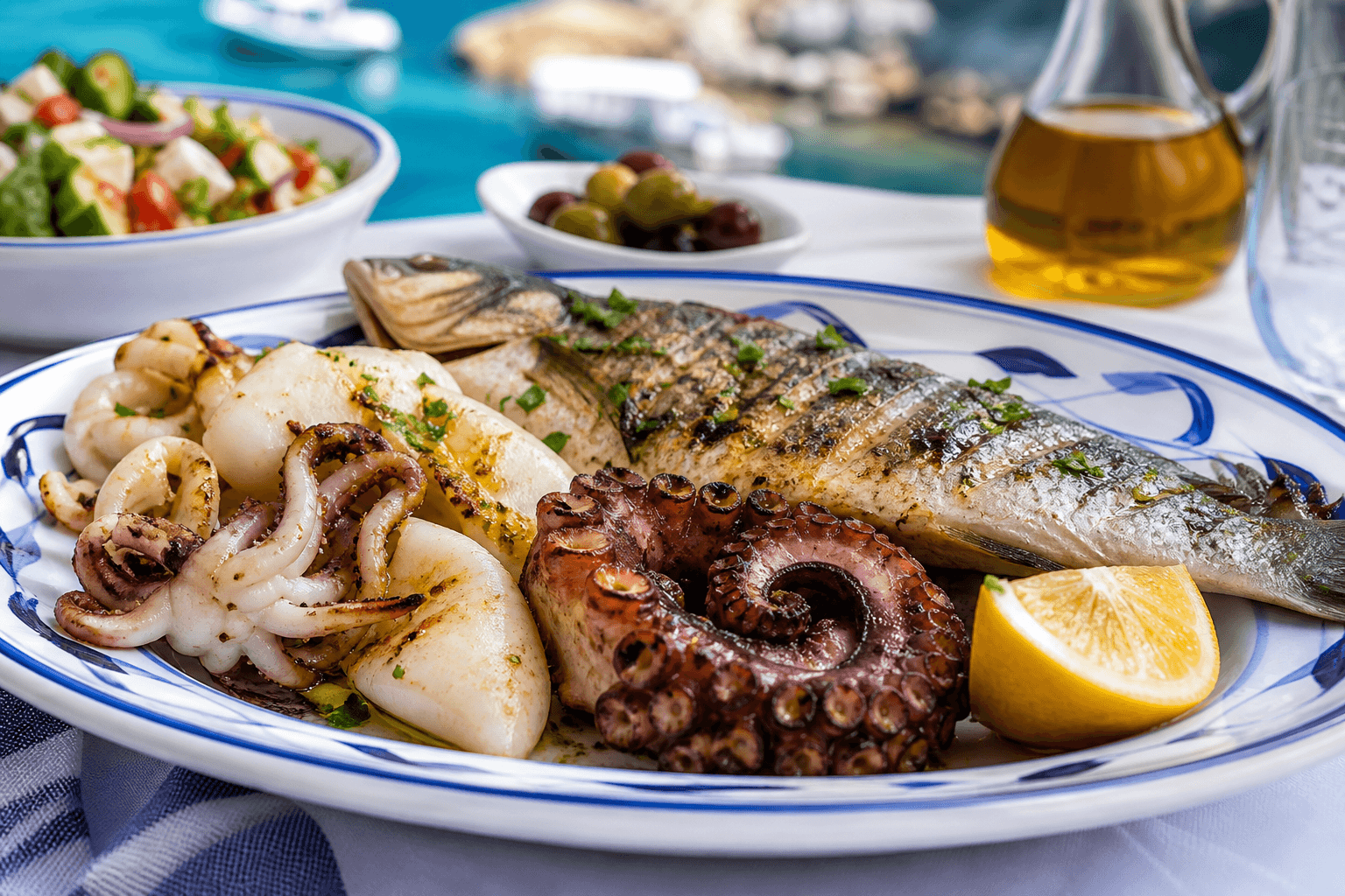 Mediterranean grilled seafood with olive oil and herbs