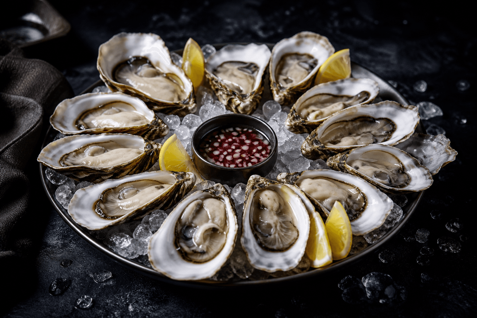 Fresh oysters on ice with lemon at an oyster bar
