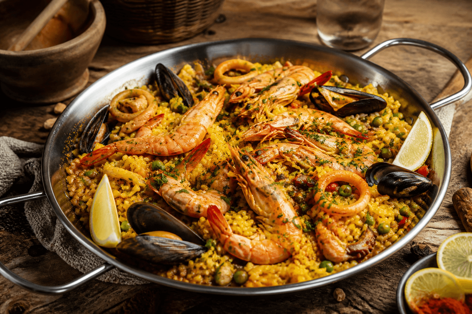 Traditional seafood paella in a wide pan