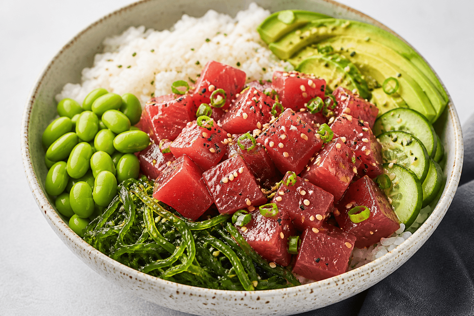 Colorful poke bowl with tuna, avocado, and rice