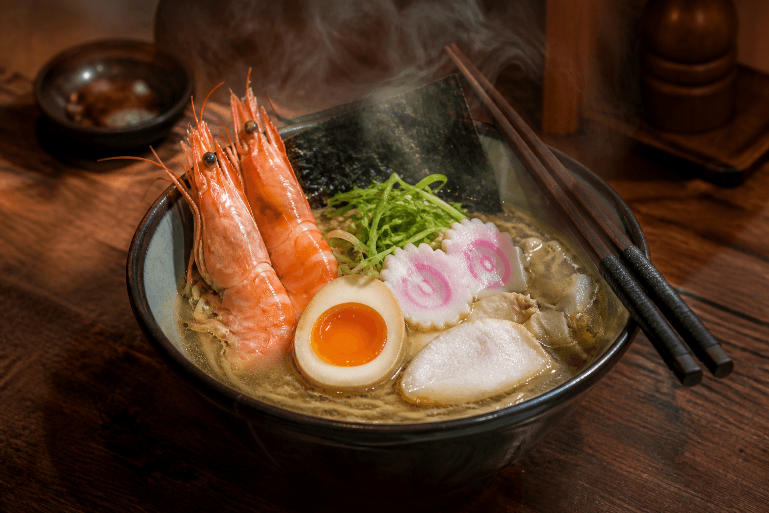 Seafood ramen bowl with prawns and fish cake