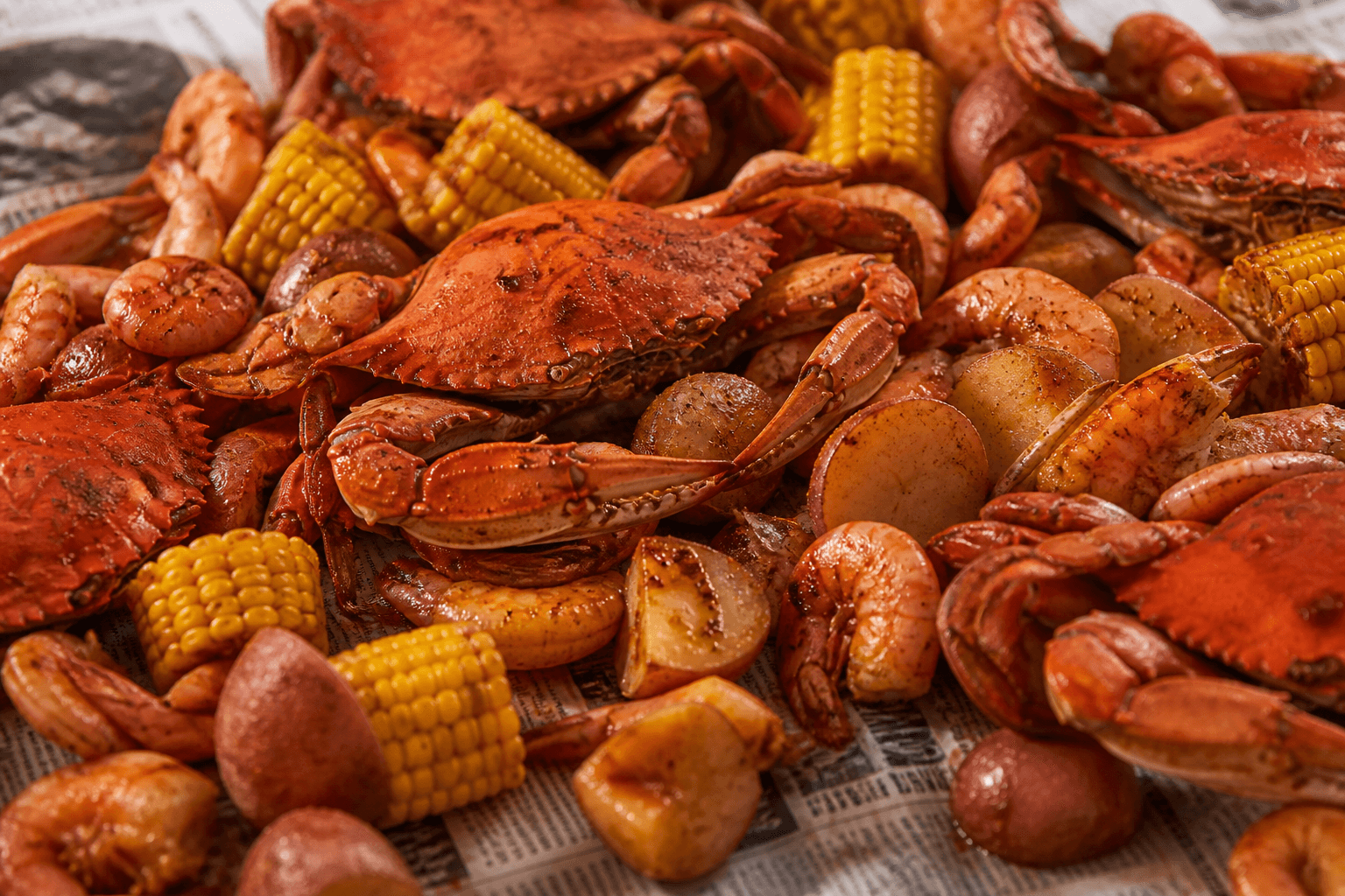 Cajun seafood boil with crab, shrimp, and corn