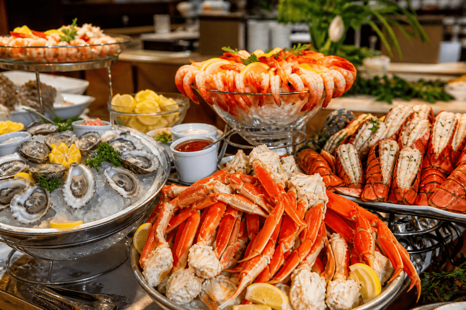 Seafood buffet spread with crab legs and shrimp