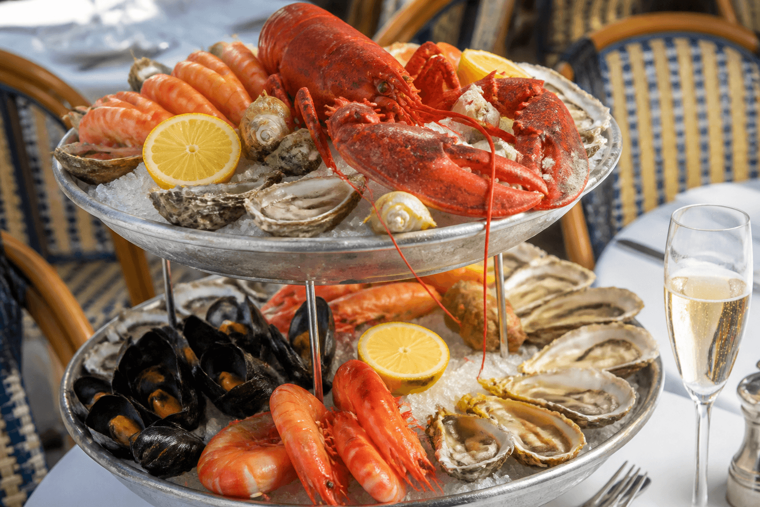 Grand seafood platter with lobster, oysters, and prawns