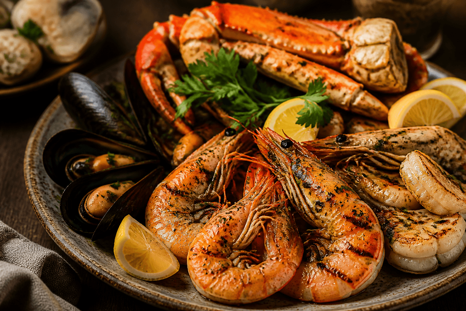 Grilled prawns and shellfish platter with herbs