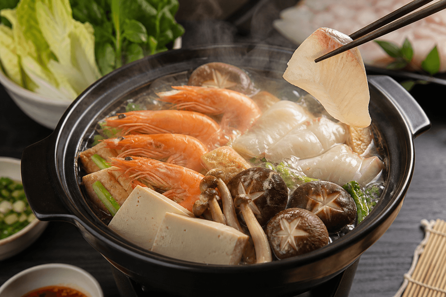 Seafood steamboat with prawns, fish, and broth at table